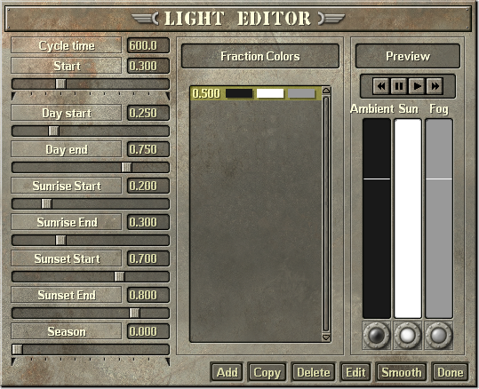 The Light Editor window.